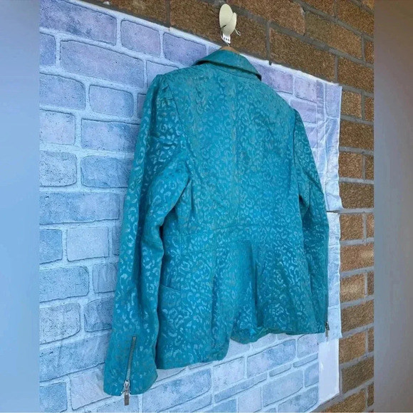 Pamela McCoy Turquoise Cheetah Leopard Print 100% Leather Full Zip Jacket medium - Picture 7 of 12
